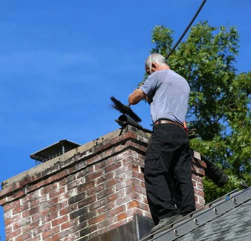 Chimney technician sweeping an exterior brick chimney from the rooftop