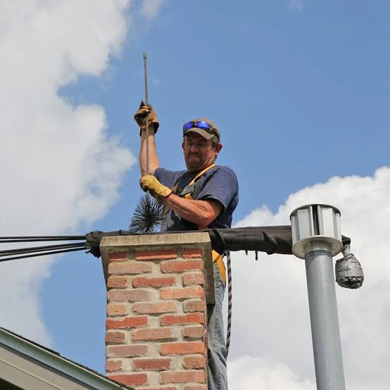 Technician working above a brick chimney with a long flue brush