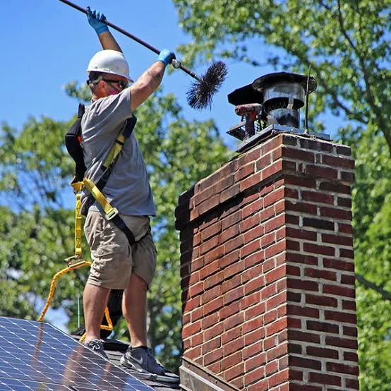 Technician inspecting and brushing a brick chimney from the roof