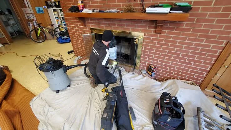 Technician cleaning a brick fireplace with the work area protected