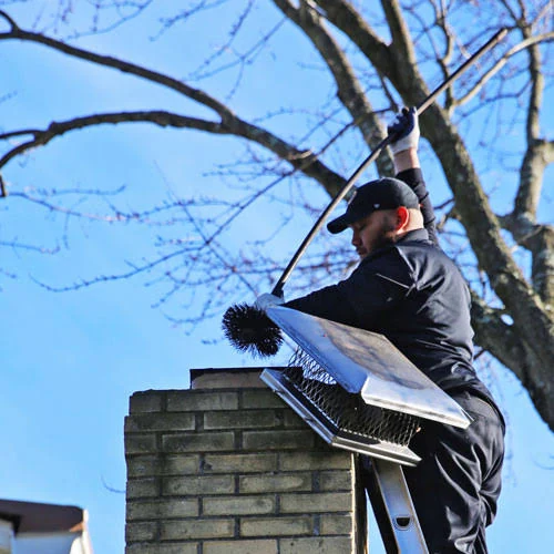 Technician sweeping a capped brick chimney under a clear sky