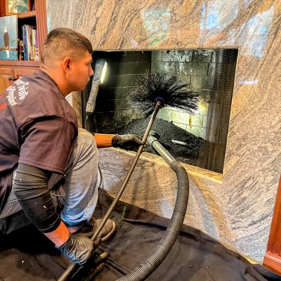 Technician sweeping the inside of a residential fireplace