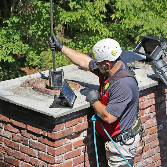 Chimney technician evaluating a flue and crown from the rooftop